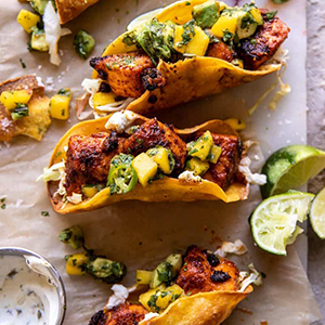 Crispy BBQ Salmon Tacos with Avocado Mango Salsa and Jalapeño Cream | Paperny Family JCC